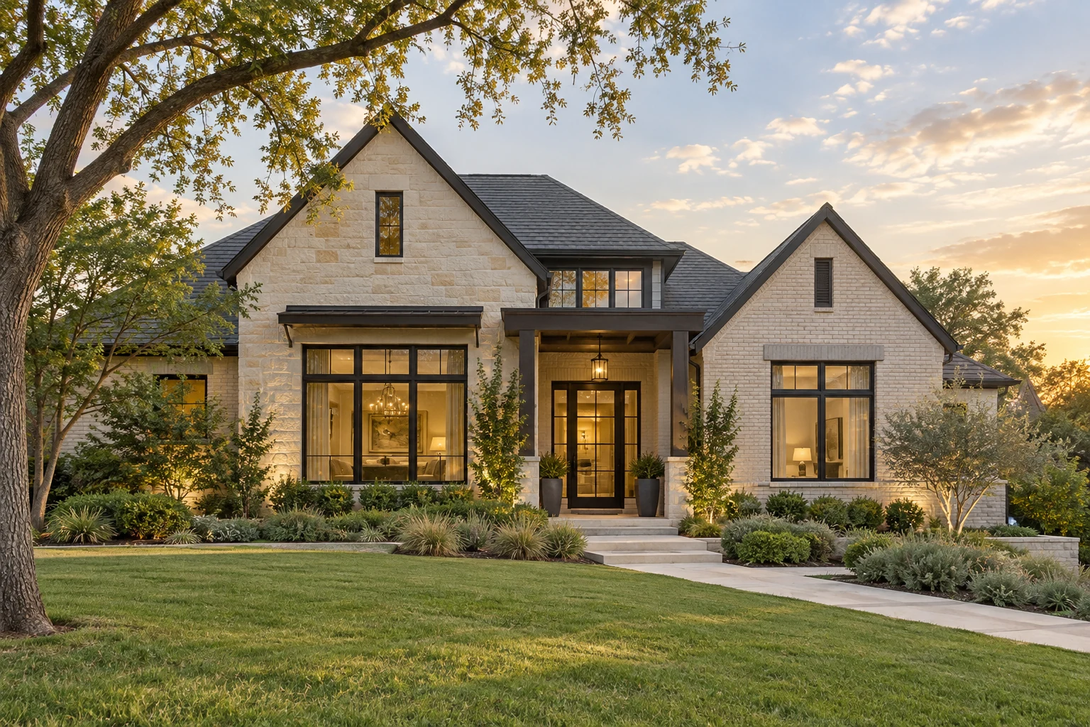 A welcoming stone-and-brick home with a sheltered entry and green landscaping